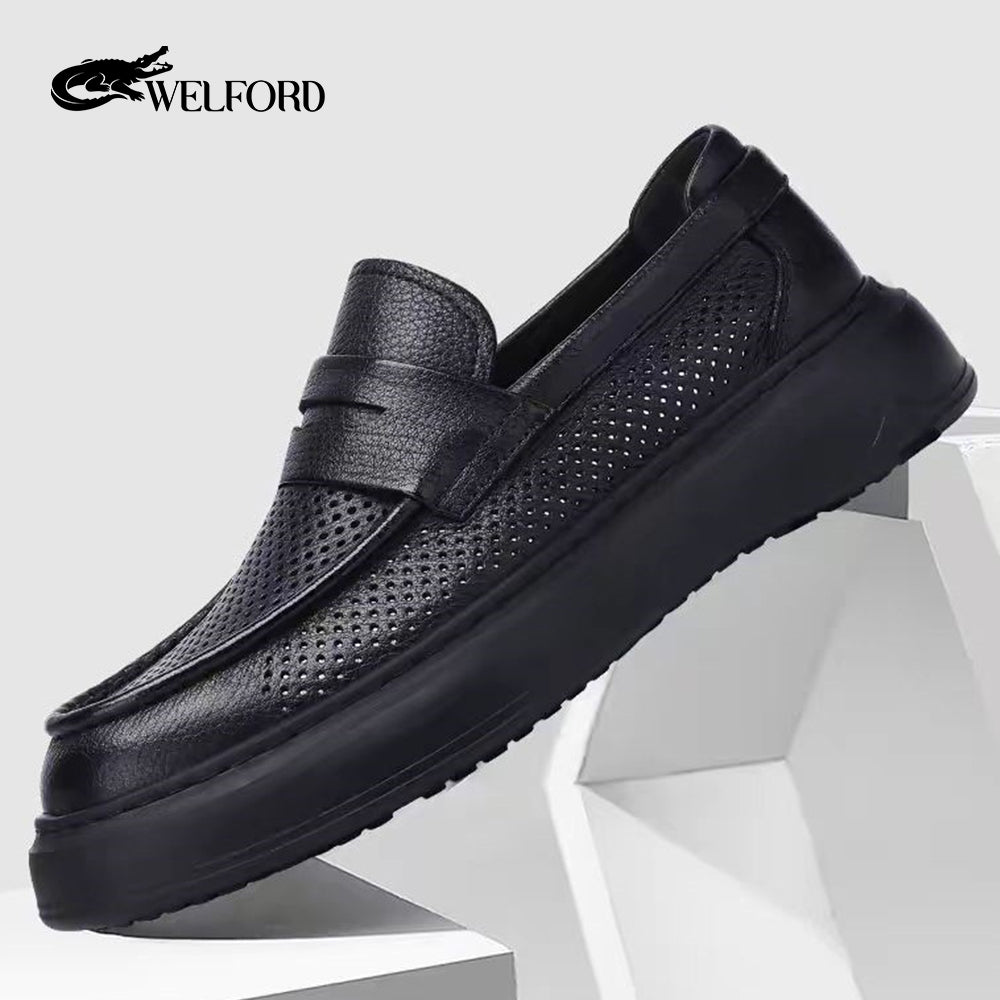 Italy Breathable deerskin versatile men's slip-on hollow loafers