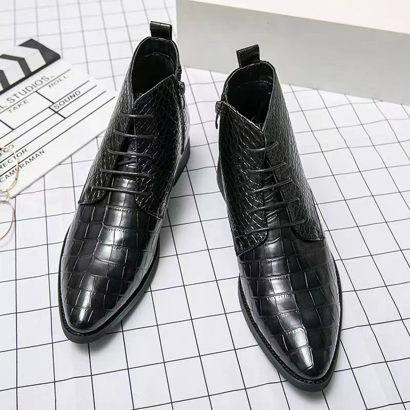 Men's crocodile pattern martin boots lace up pointed toe