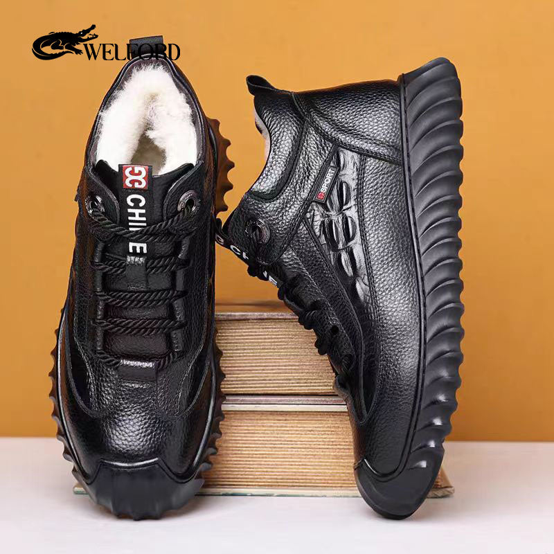 Crocodile pattern cowhide sheep wool warm men's shoes