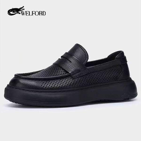 Italy Breathable deerskin versatile men's slip-on hollow loafers