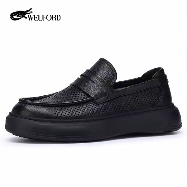 Italy Breathable deerskin versatile men's slip-on hollow loafers