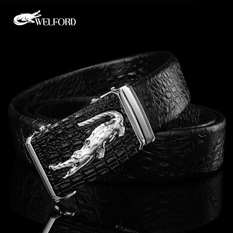 Men's crocodile pattern genuine leather belt with automatic buckle for men