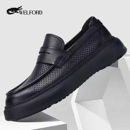 Italy Breathable deerskin versatile men's slip-on hollow loafers