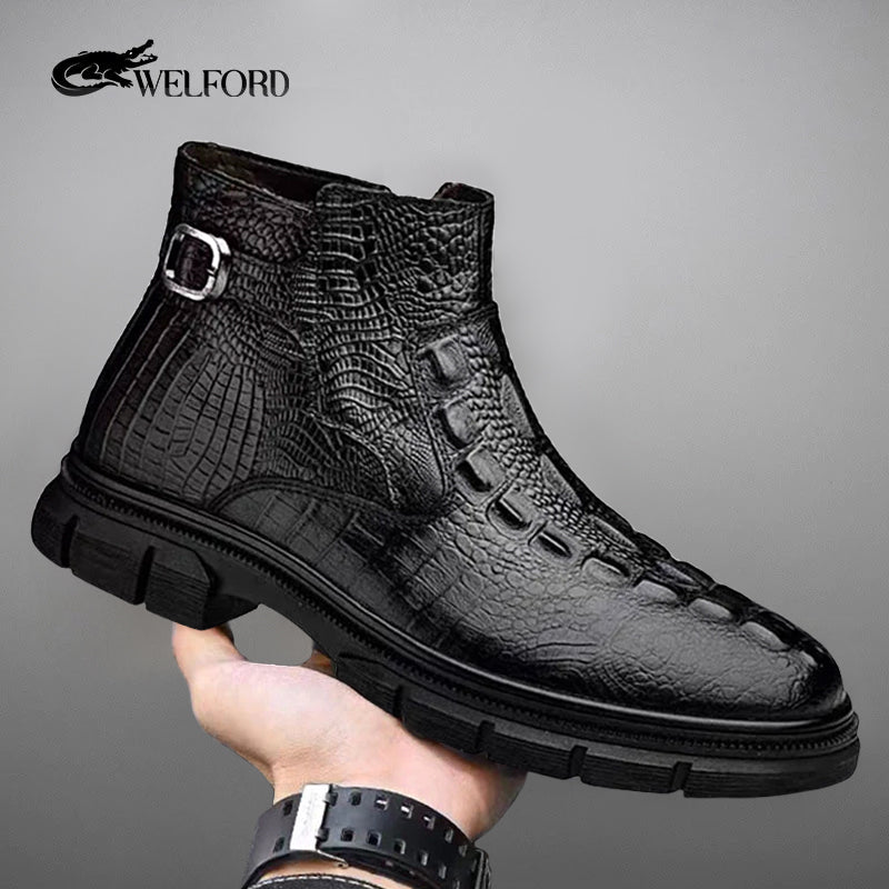 Men's crocodile pattern cowhide British side zipper Martin boots