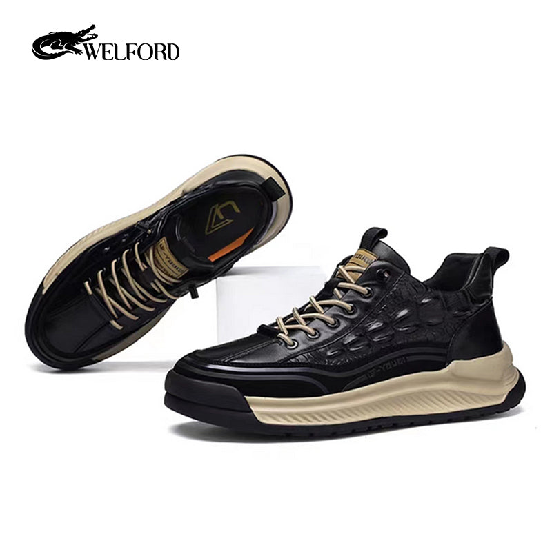 Crocodile pattern soft thick sole sports casual leather shoes