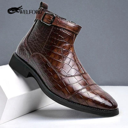 Men's crocodile pattern leather boots side zipper pointed leather shoes