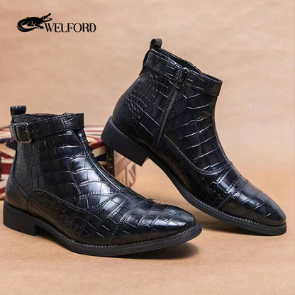 Men's crocodile pattern leather boots side zipper pointed leather shoes