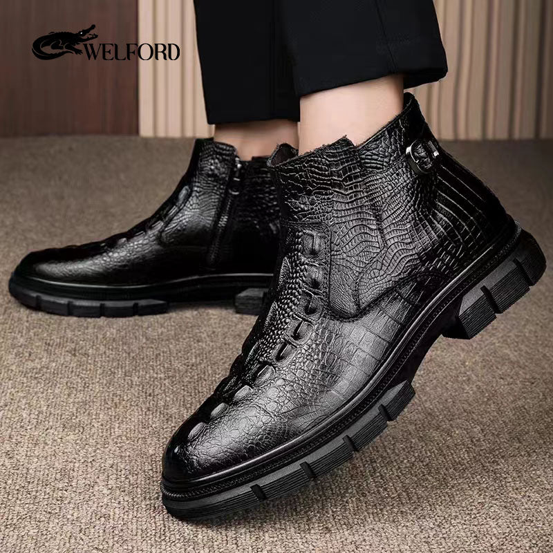 Men's crocodile pattern cowhide British side zipper Martin boots