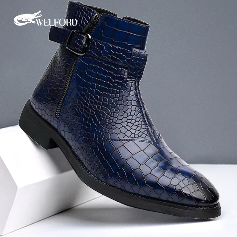 Pointed toe men's leather boots with crocodile pattern leather shoes