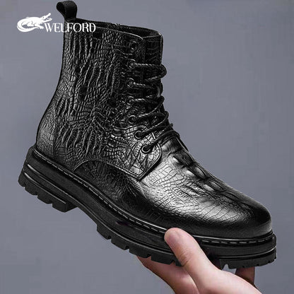 Men's Martin boots, outdoor work boots, crocodile pattern thick-soled leather boots