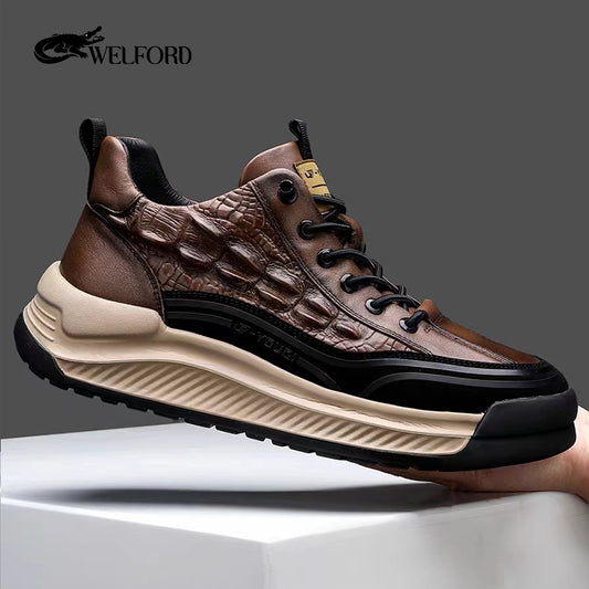 Crocodile pattern soft thick sole sports casual leather shoes