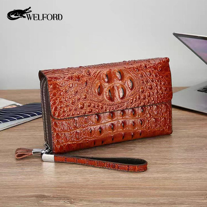 Men's Crocodile Print Clutch Double Zip Clutch