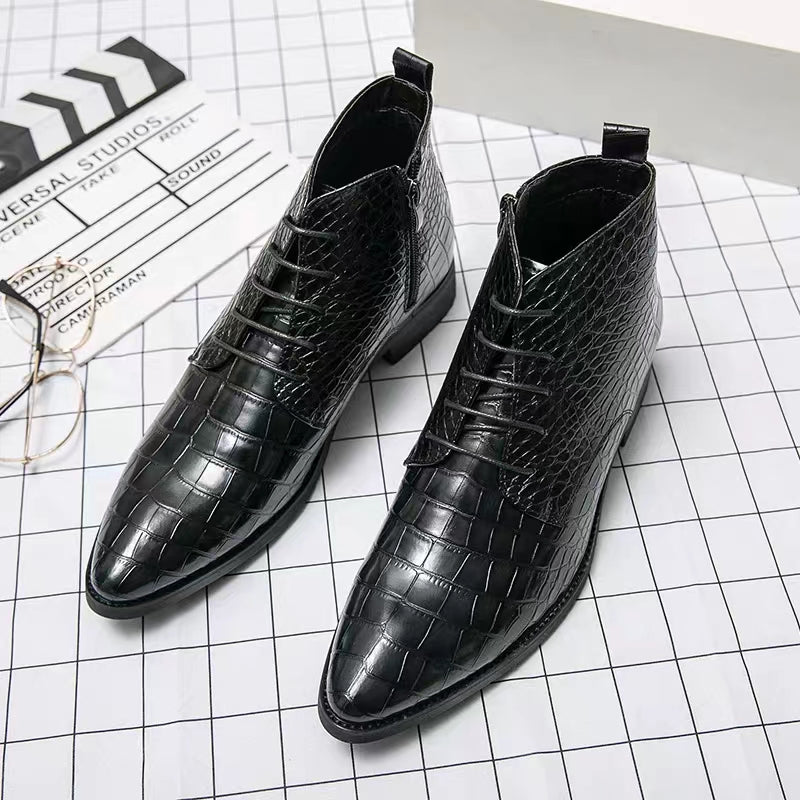 Men's crocodile pattern martin boots lace up pointed toe