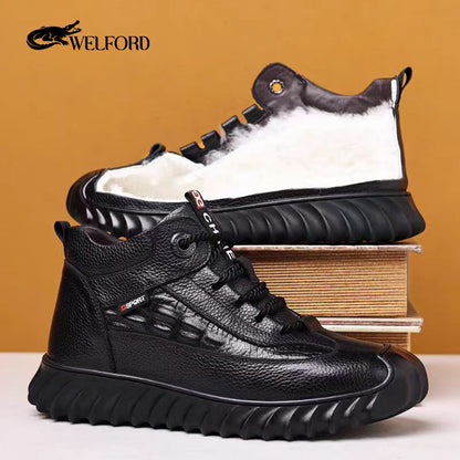Crocodile pattern cowhide sheep wool warm men's shoes