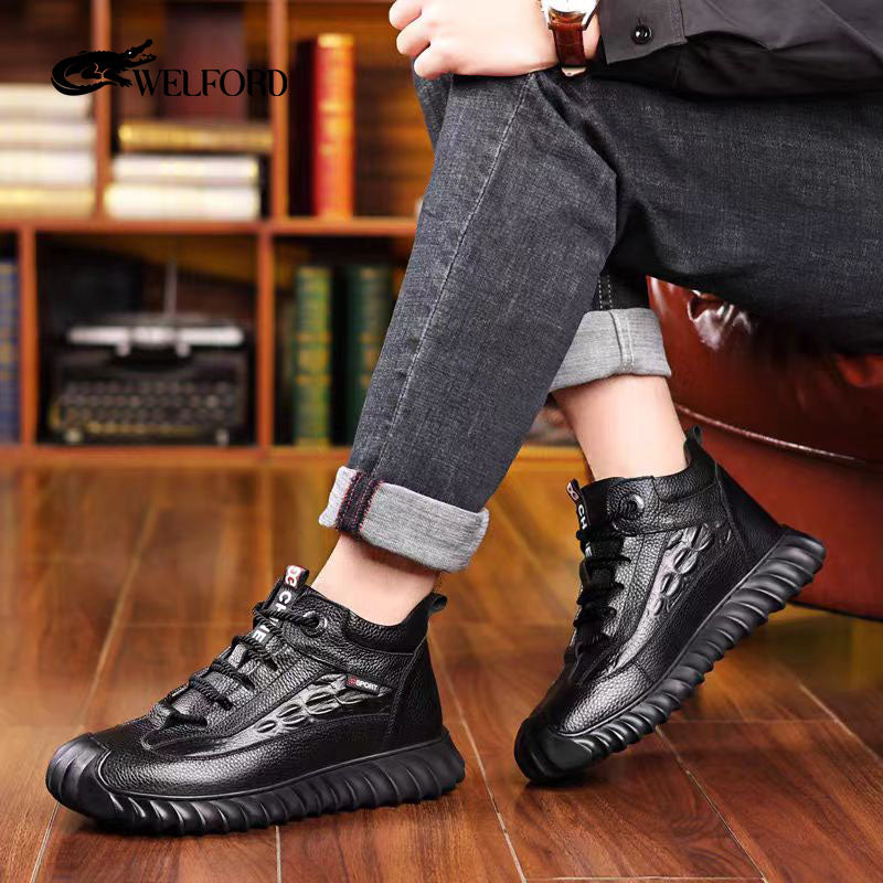 Crocodile pattern cowhide sheep wool warm men's shoes