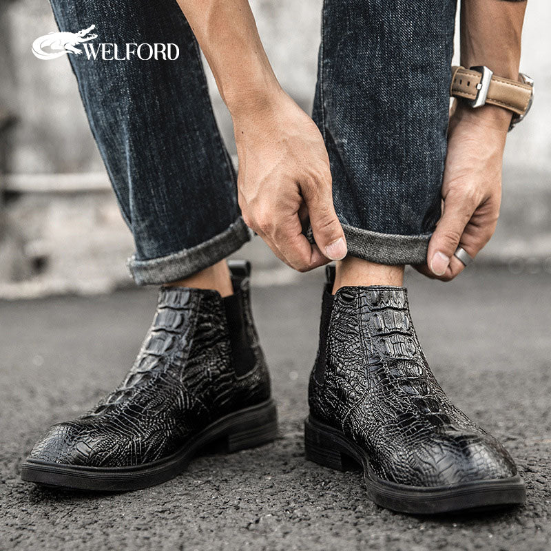 Autumn and winter warm crocodile pattern cowhide Martin boots
