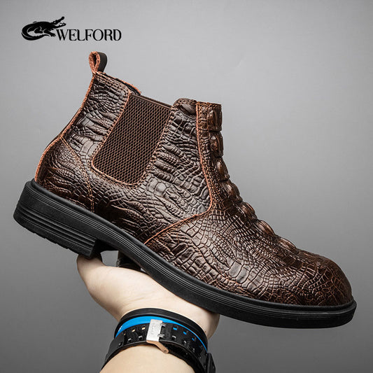 Autumn and winter warm crocodile pattern cowhide Martin boots