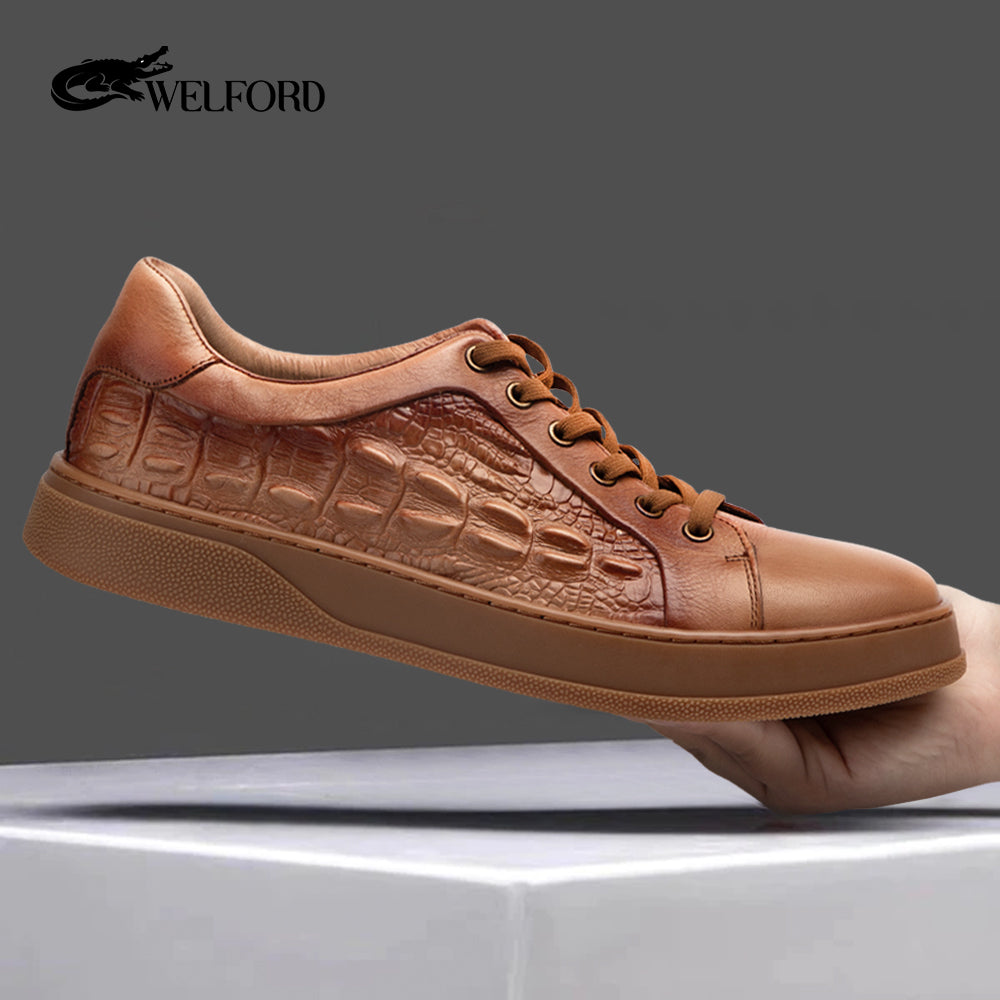 High-end genuine leather retro cowhide crocodile pattern casual shoes