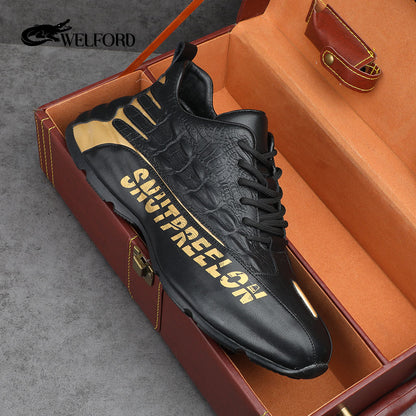 Italian handmade crocodile pattern black gold casual sneakers