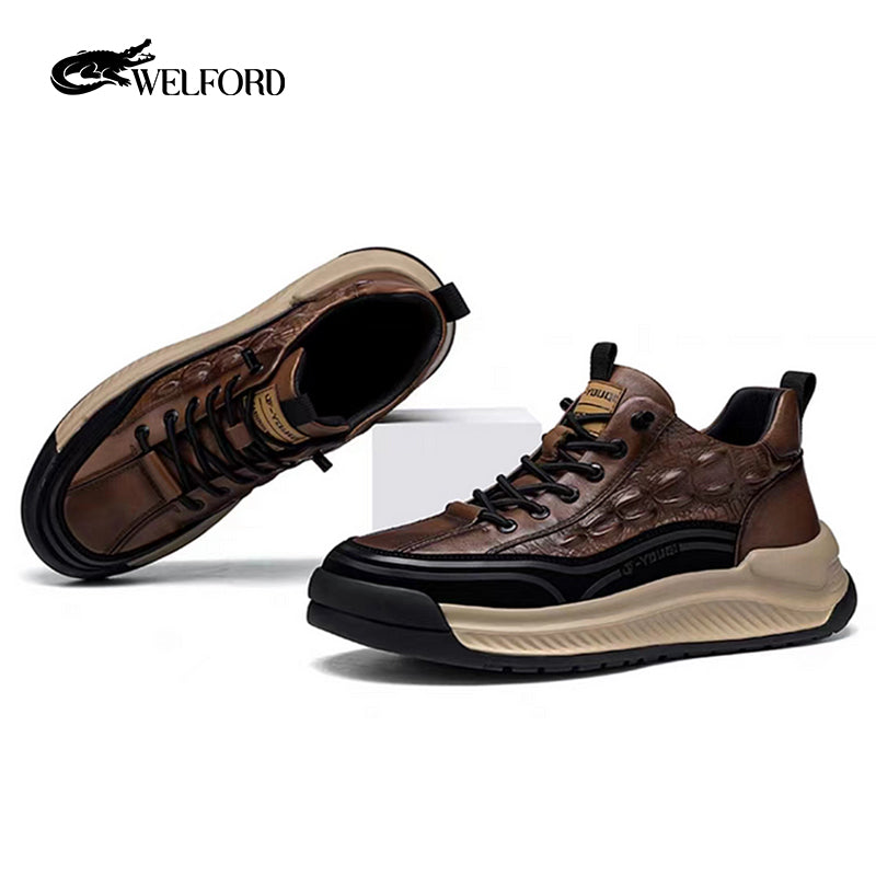 Crocodile pattern soft thick sole sports casual leather shoes