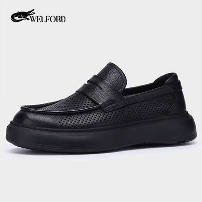 Italy Breathable deerskin versatile men's slip-on hollow loafers