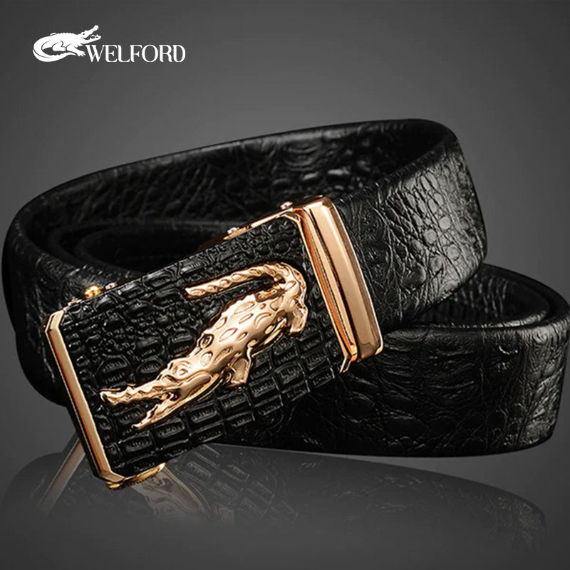 Men's crocodile pattern genuine leather belt with automatic buckle for men