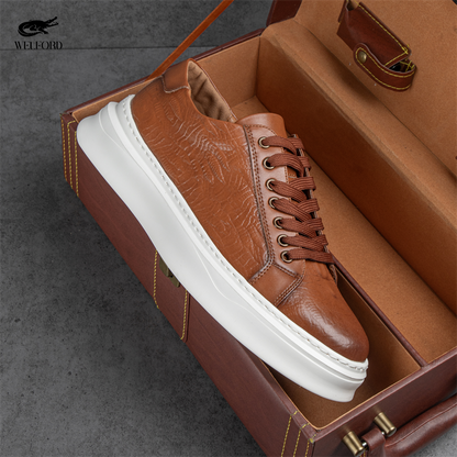Italian Versatile Genuine Leather Crocodile Pattern Men's Sneakers