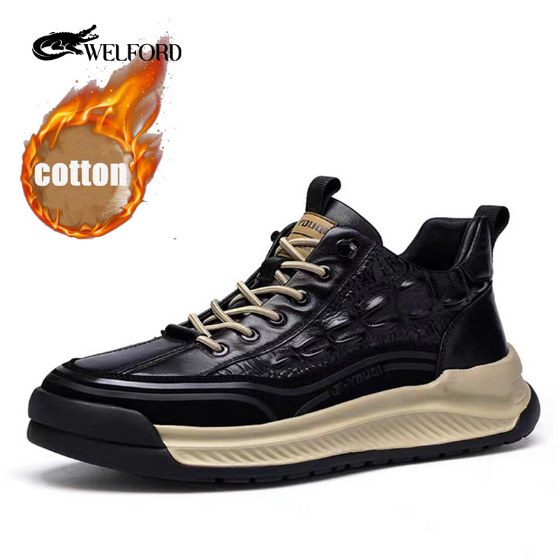 Crocodile pattern soft thick sole sports casual leather shoes