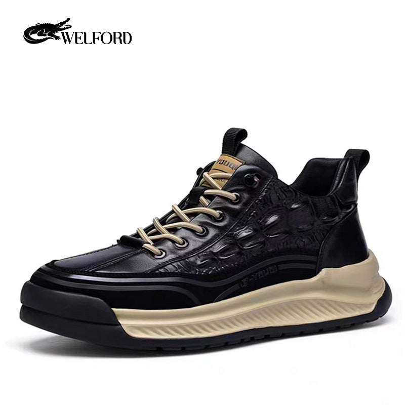 Crocodile pattern soft thick sole sports casual leather shoes