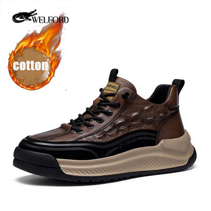 Crocodile pattern soft thick sole sports casual leather shoes