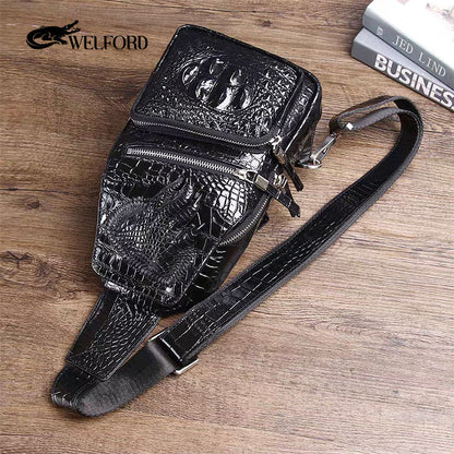Men's crocodile pattern genuine leather chest bag