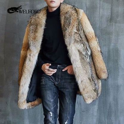 Winter men's long wolf fur coat
