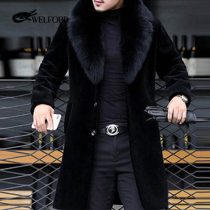 Men's mid-length genuine leather jacket with fox fur collar - fur coat