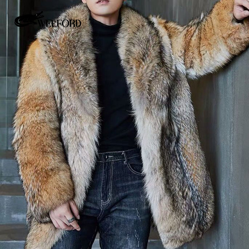 Winter men's long wolf fur coat