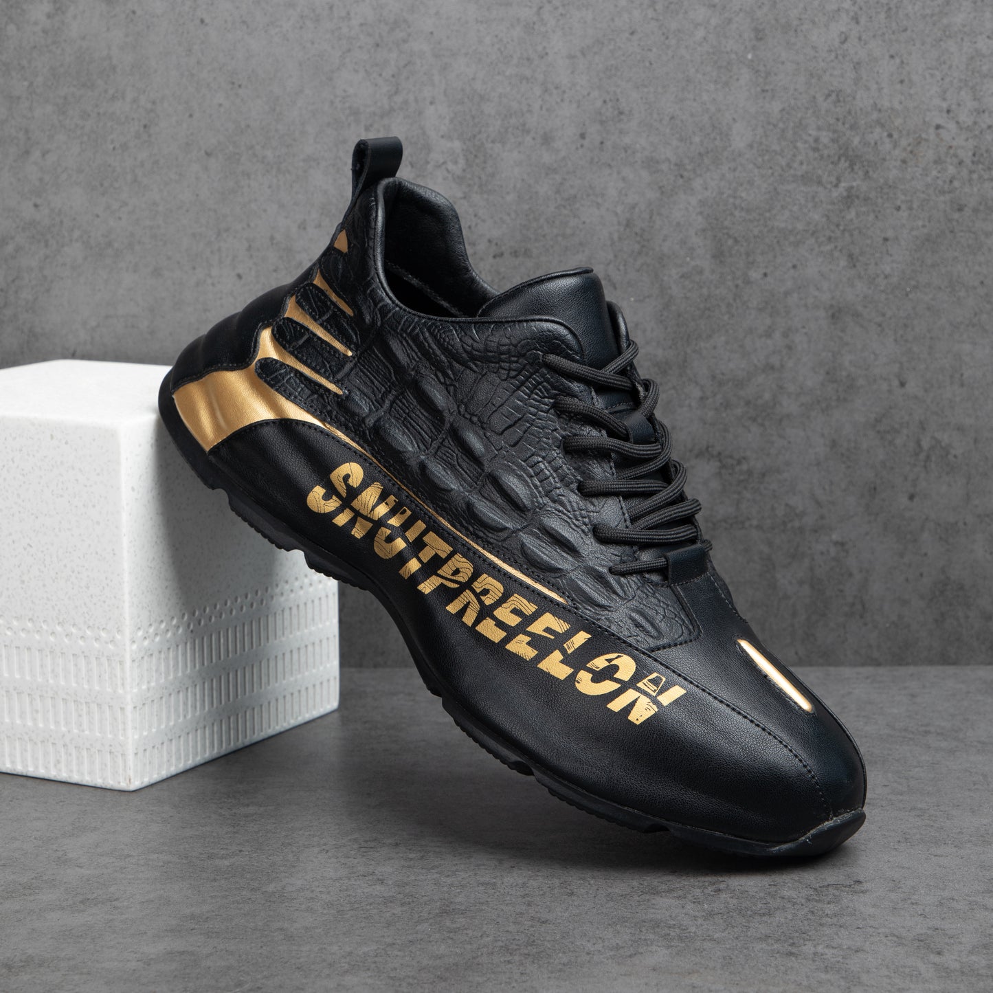 Italian handmade crocodile pattern black gold casual sneakers