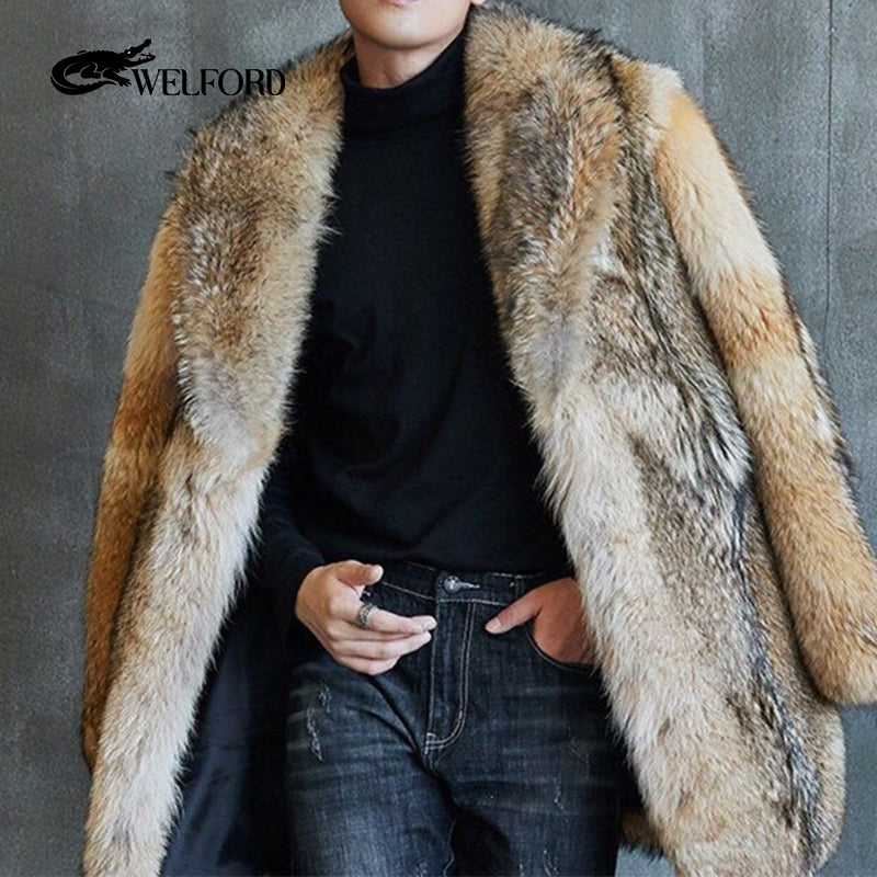 Winter men's long wolf fur coat