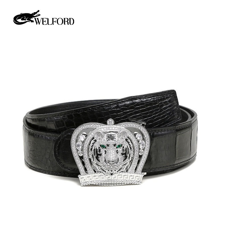 New men's crocodile leather tiger head belt