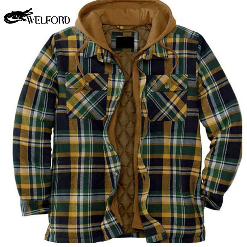 Men's cotton plaid long sleeve loose hooded jacket