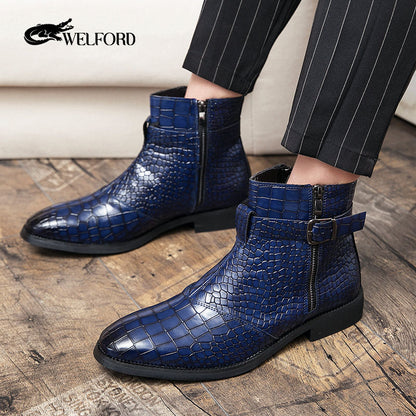 Pointed toe men's leather boots with crocodile pattern leather shoes