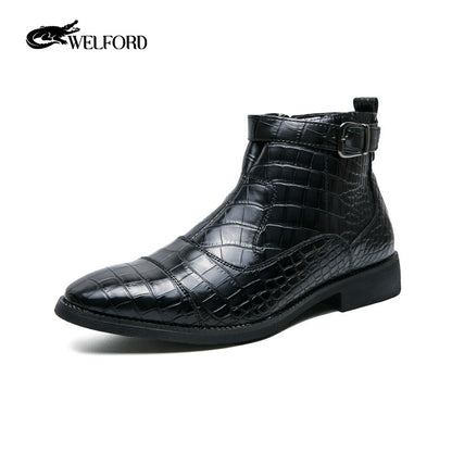 Men's crocodile pattern leather boots side zipper pointed leather shoes