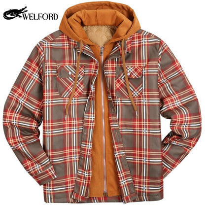 Men's cotton plaid long sleeve loose hooded jacket