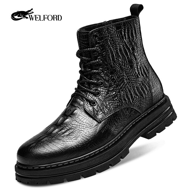 Men's Martin boots, outdoor work boots, crocodile pattern thick-soled leather boots