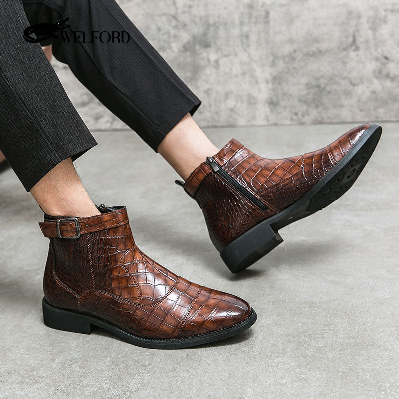 Men's crocodile pattern leather boots side zipper pointed leather shoes