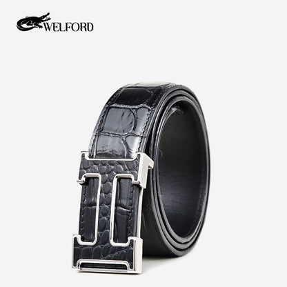 New men's smooth buckle crocodile leather belt