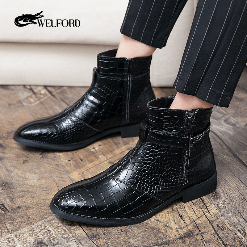 Pointed toe men's leather boots with crocodile pattern leather shoes