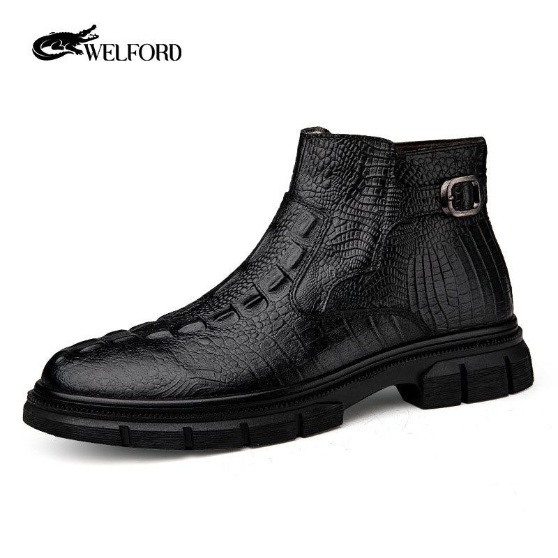 Men's crocodile pattern cowhide British side zipper Martin boots