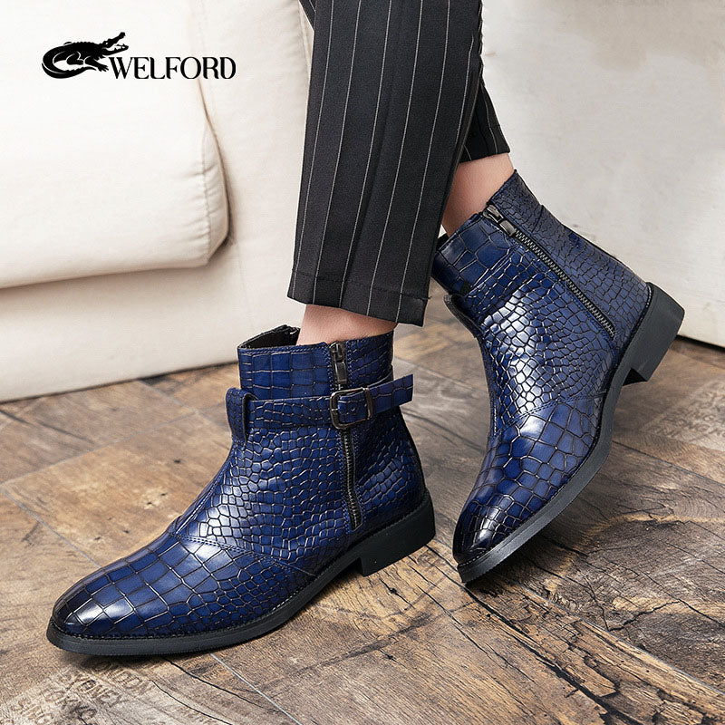 Pointed toe men's leather boots with crocodile pattern leather shoes