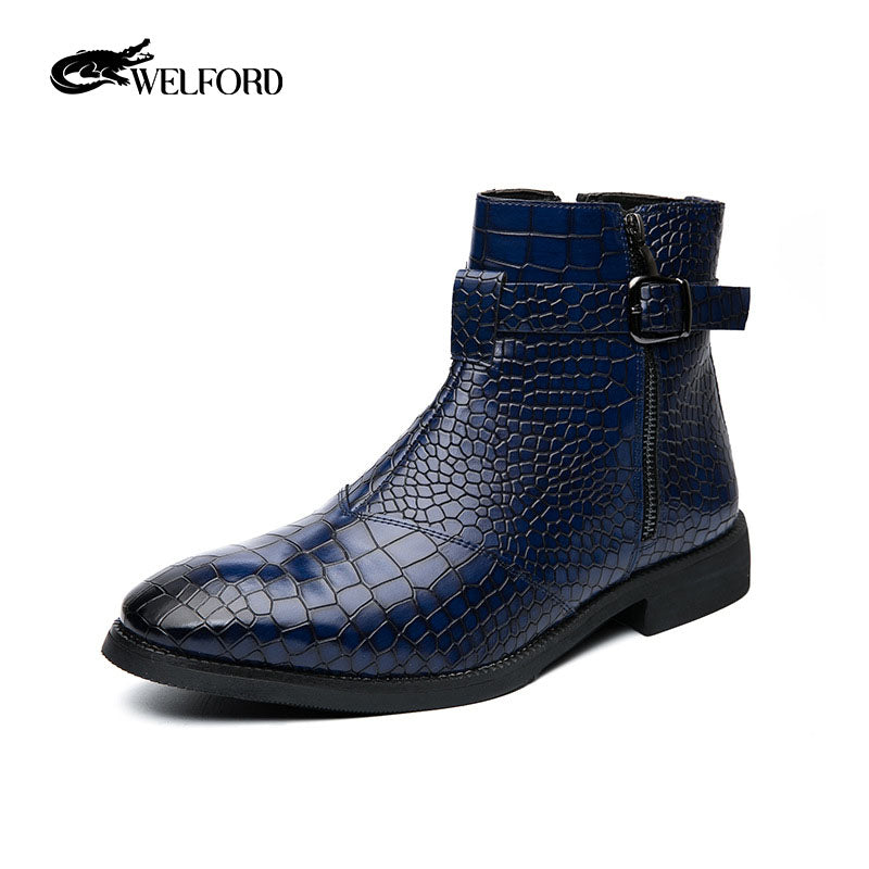 Pointed toe men's leather boots with crocodile pattern leather shoes