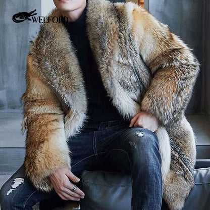 Winter men's long wolf fur coat