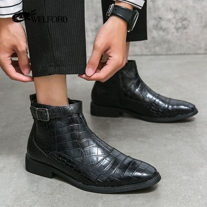 Men's crocodile pattern leather boots side zipper pointed leather shoes